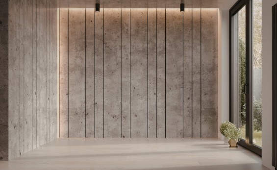 Panel de salón de suelo a techo con iluminación LED indirecta para mueble de TV a medida