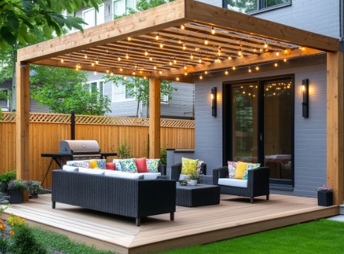 Pérgola de madera moderna con iluminación y tarima de exterior en un jardín de la Costa del Sol